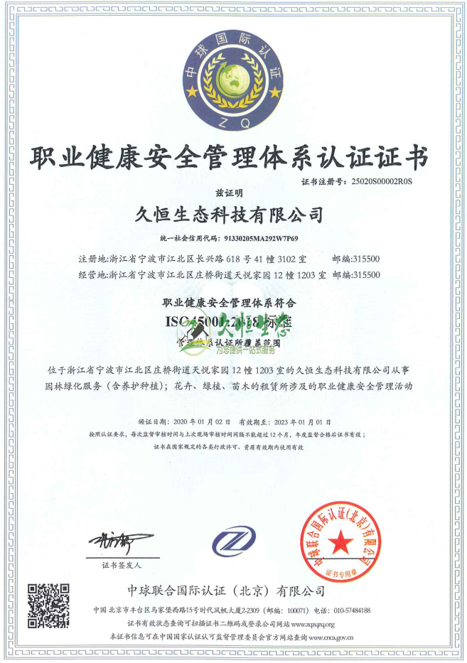 拱墅职业健康安全管理体系ISO45001证书